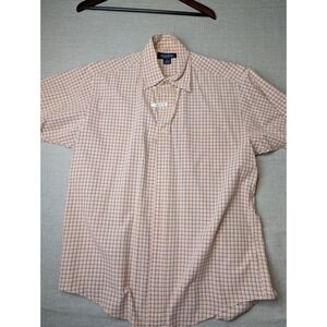 Brooks Brothers Shirt Mens M Orange Blue Plaid 100% Cotton Short Sleeve